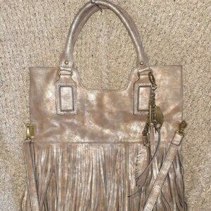 ALDO-Vegan Metallic Taupe Leather-Fringe-BOHO-Foldover Xbody/Handbag-Bag Charms